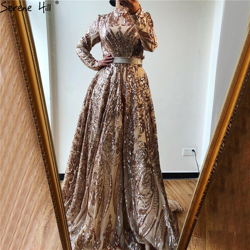Muslim High Neck Wine Red Sparkle Wedding dress 2025 Long Sleeve Sequined Luxury A-Line Evening Gowns LA70530
