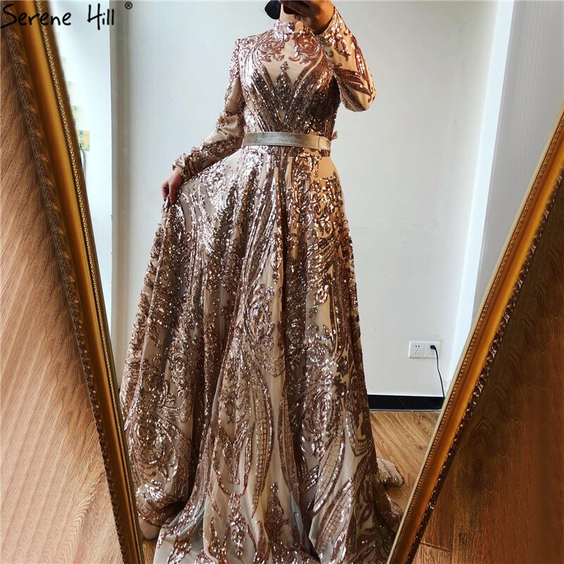 Muslim High Neck Wine Red Sparkle Wedding dress 2025 Long Sleeve Sequined Luxury A-Line Evening Gowns LA70530