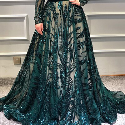 Muslim High Neck Wine Red Sparkle Wedding dress 2025 Long Sleeve Sequined Luxury A-Line Evening Gowns LA70530
