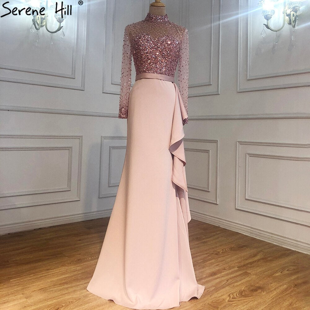 Muslim Luxury Blue Long Sleeves Evening Dresses 2025 High Neck Sequined Ruffles Formal Dress LA70035