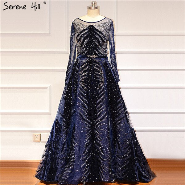 Muslim Luxury Navy Blue Evening Dresses 2025 Long Sleeves Mermaid Dress With Skirt Sexy Formal Dress LA60914