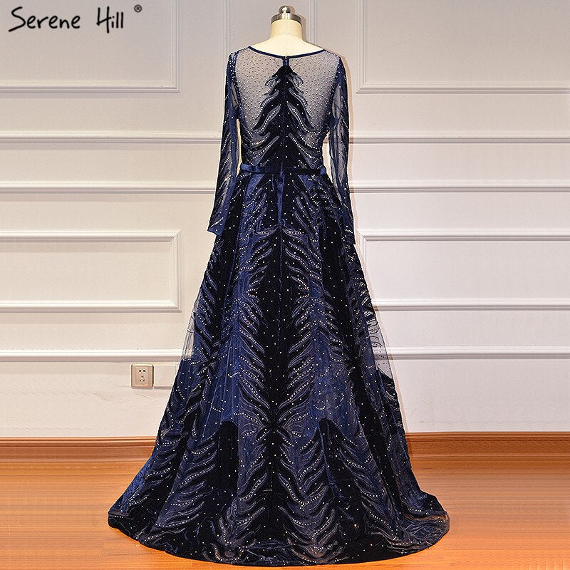 Muslim Luxury Navy Blue Evening Dresses 2025 Long Sleeves Mermaid Dress With Skirt Sexy Formal Dress LA60914