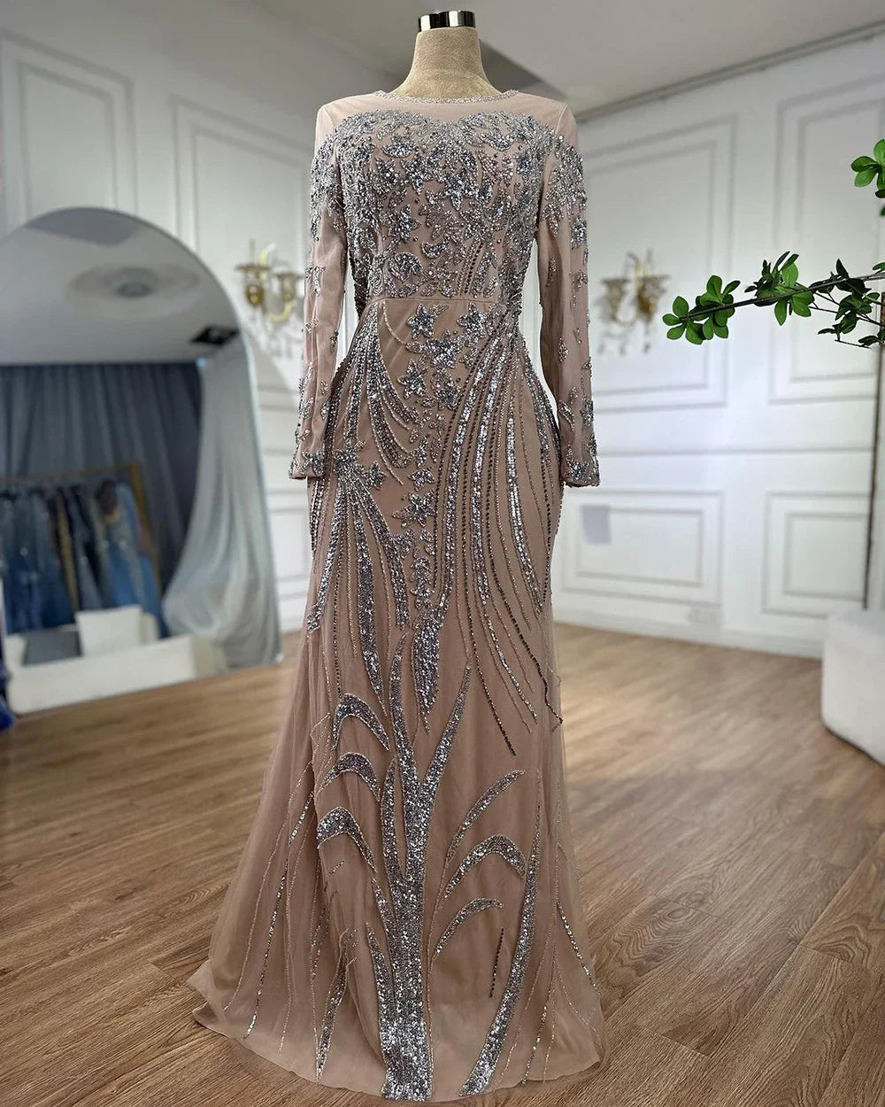 Muslim Mermaid Nude With Overskirt Beaded Dubai Evening Dresses Gowns 2025 For Wedding Party LA71943