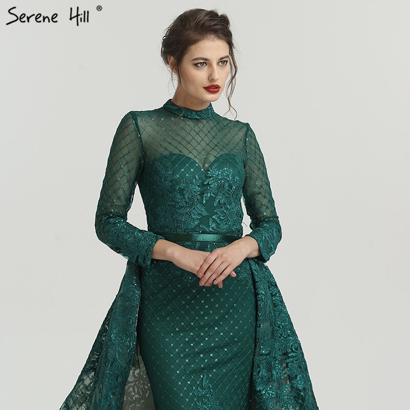 En oferta, sin devolución ni reembolso. Vestidos de noche musulmanes rosas de cuello alto, hechos a mano, con flores y mangas largas, estilo sirena, LA6542.