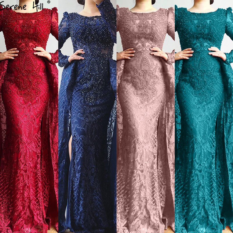 Muslimischen Wein Rot Lange Puff Ärmeln Mit Zug Abendkleider Meerjungfrau Kleider 2025 Formale Kleid Für frau Ruhigen Hill LA70406