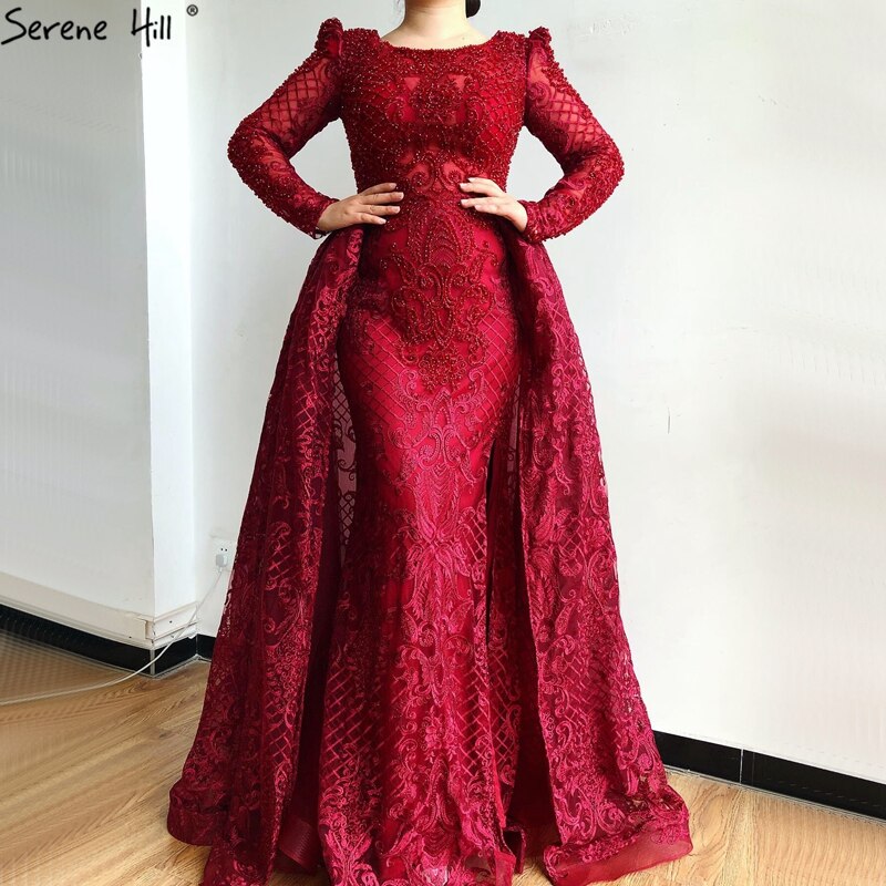 Muslimischen Wein Rot Lange Puff Ärmeln Mit Zug Abendkleider Meerjungfrau Kleider 2025 Formale Kleid Für frau Ruhigen Hill LA70406