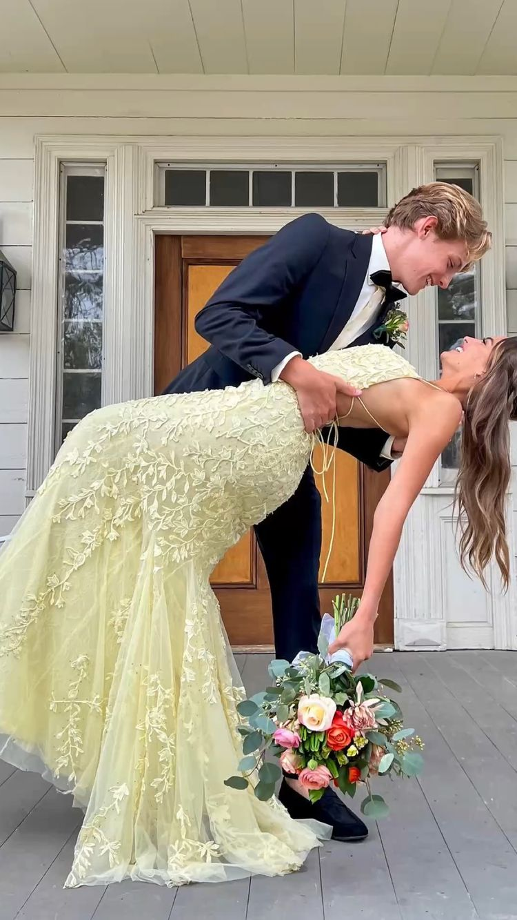 Meerjungfrau Gelbes Spitzen-Tüll-Ballkleid, Gelbes Abendkleid Y2248