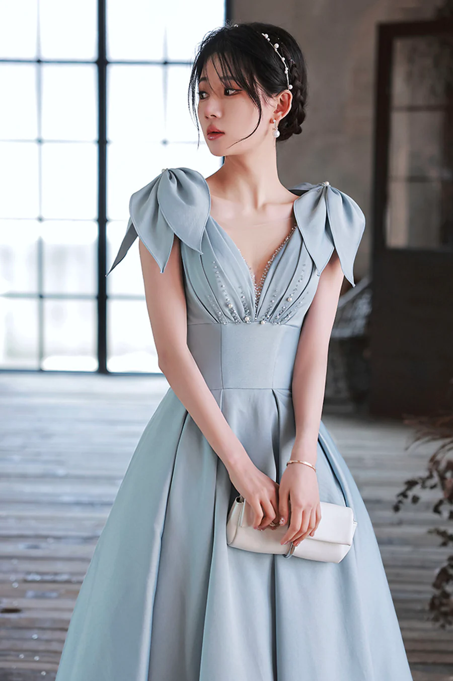 Cute Blue Satin Long Prom Dress A-Line Blue Evening Dress Y4549