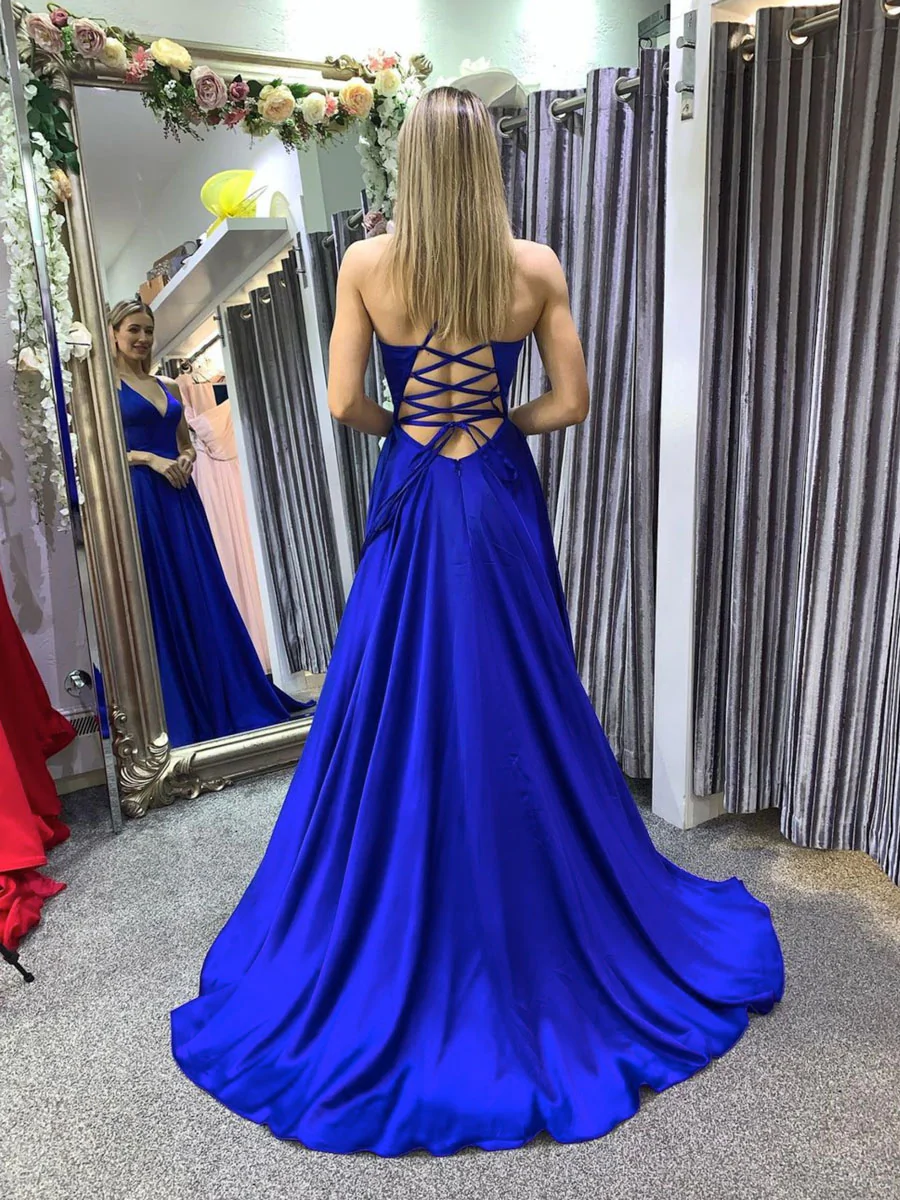 Vestido de fiesta largo azul sencillo de corte A, vestido de noche azul sin espalda Y367