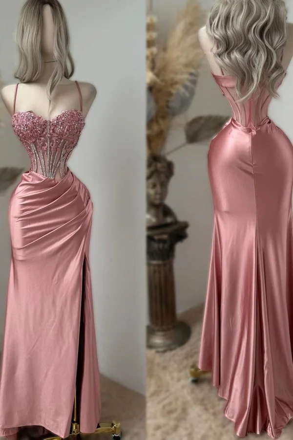 Hübsches rosa Herzausschnitt Spaghettiträger Applikationen Perlen Split Abendkleid Meerjungfrau Ballkleid Y8056