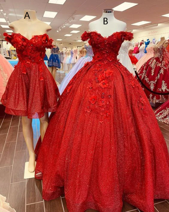 Sparkly Red Ball Gown Off The Shoulder Princess Dress Sweet 15 Dress Y1211