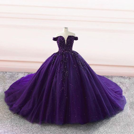 Lila Tüll Ballkleid schulterfrei Brautkleider Y4310