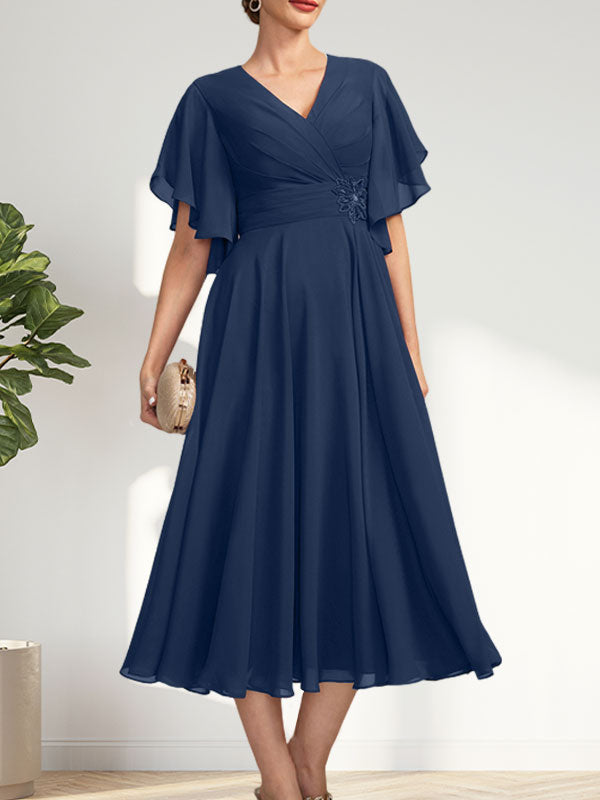 A-line V-Neck Tea-Length Chiffon Mother of the Bride Dress With Pleated Beading