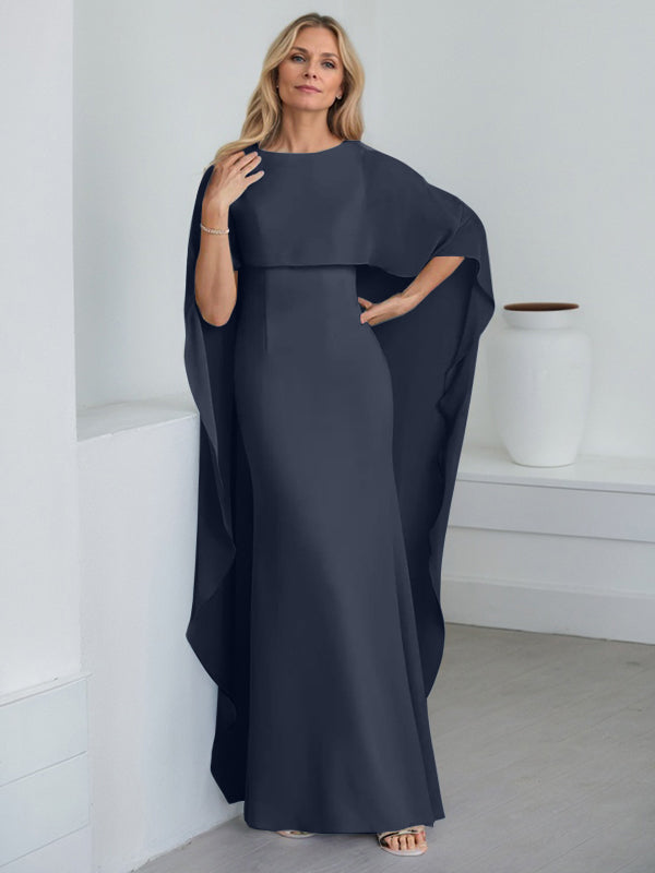 Bodenlanges Etui-Kleid aus Chiffon mit U-Ausschnitt und kaskadierenden Rüschen