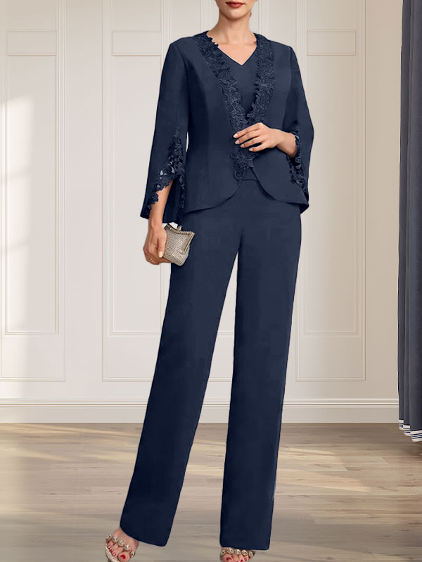 Separates Jumpsuit/Hosenanzug V-Ausschnitt Bodenlanges Chiffonkleid für die Brautmutter