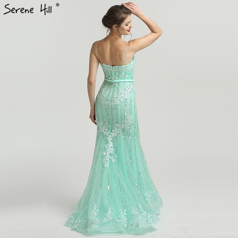 En oferta, sin devolución ni reembolso.Vestido de noche elegante de sirena azul marino de lujo con encaje y tirantes finos y cuentas 2025 para mujer, fiesta LA6105