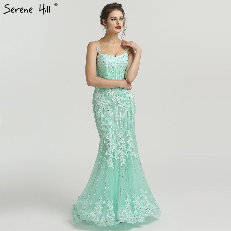 En oferta, sin devolución ni reembolso.Vestido de noche elegante de sirena azul marino de lujo con encaje y tirantes finos y cuentas 2025 para mujer, fiesta LA6105