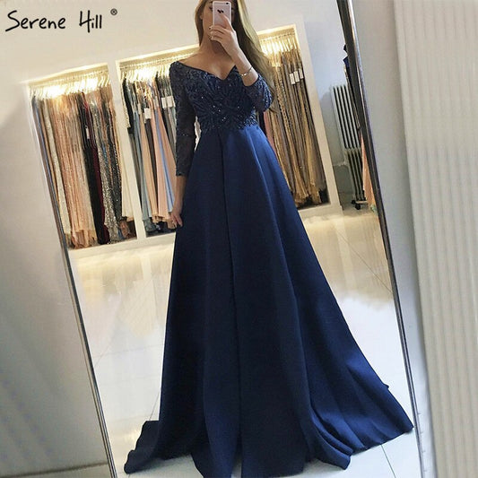Vestido de fiesta azul marino con escote en V, satén, manga larga, cristales, moda, formal, foto real, LA6158