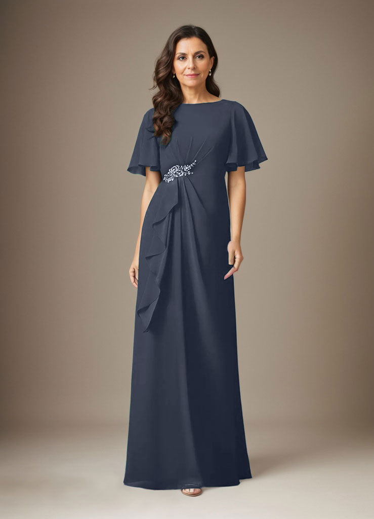 Dunkelmarineblaues Etuikleid aus Chiffon mit Perlen