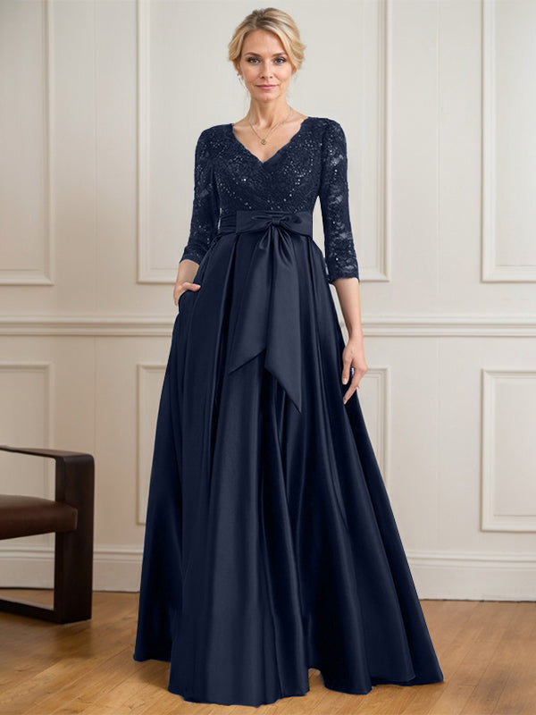 A-Linie V-Ausschnitt Bodenlanges Satin-Spitzenkleid für die Brautmutter mit Paillettenschleife