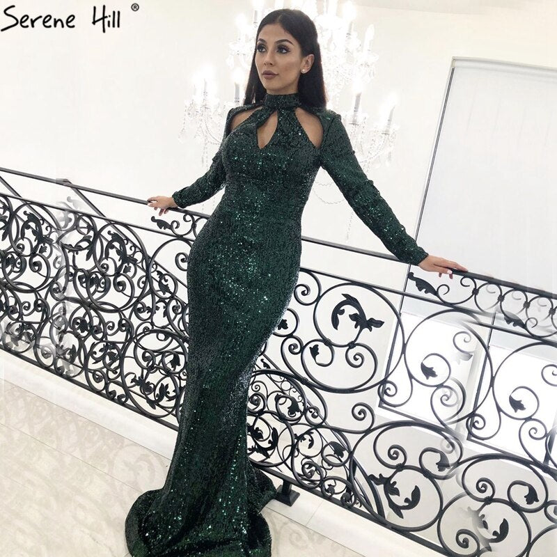 En oferta, sin devolución ni reembolso, nuevo diseñador, verde, cuello alto, sexy, vestidos de noche 2025, lentejuelas, mangas largas, moda de lujo para mujer, fiesta LA6314