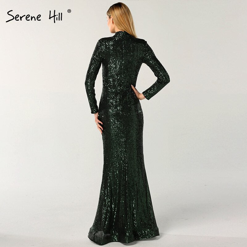 En oferta, sin devolución ni reembolso, nuevo diseñador, verde, cuello alto, sexy, vestidos de noche 2025, lentejuelas, mangas largas, moda de lujo para mujer, fiesta LA6314
