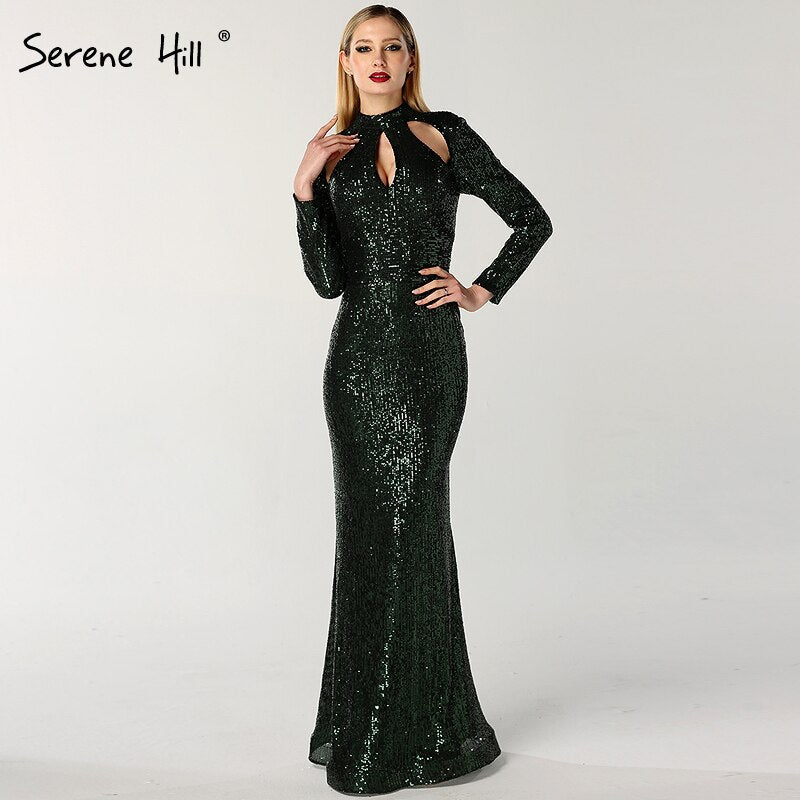 En oferta, sin devolución ni reembolso, nuevo diseñador, verde, cuello alto, sexy, vestidos de noche 2025, lentejuelas, mangas largas, moda de lujo para mujer, fiesta LA6314