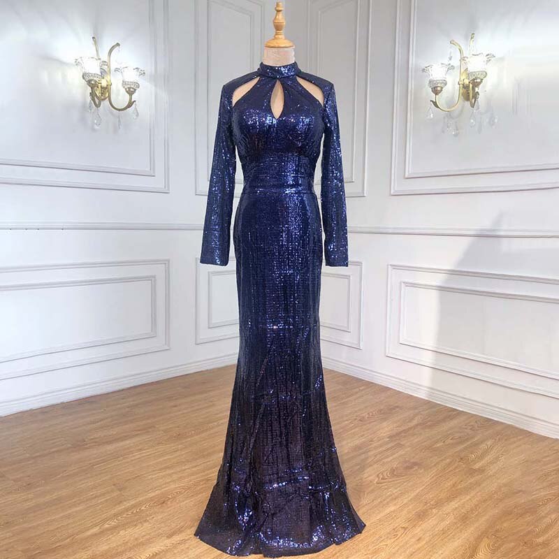 En oferta, sin devolución ni reembolso, nuevo diseñador, verde, cuello alto, sexy, vestidos de noche 2025, lentejuelas, mangas largas, moda de lujo para mujer, fiesta LA6314