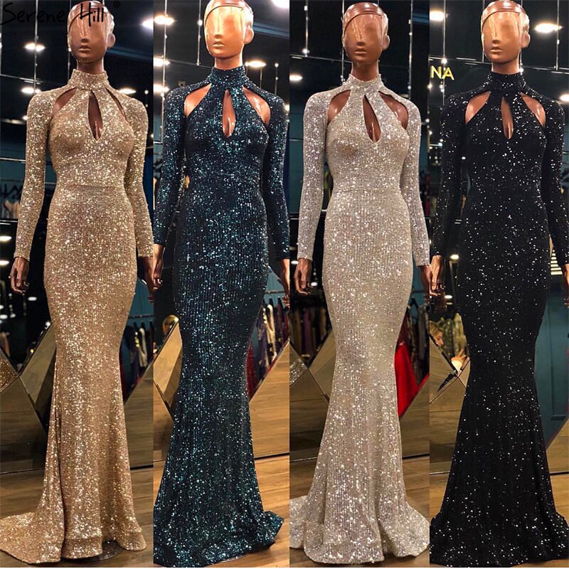 En oferta, sin devolución ni reembolso, nuevo diseñador, verde, cuello alto, sexy, vestidos de noche 2025, lentejuelas, mangas largas, moda de lujo para mujer, fiesta LA6314