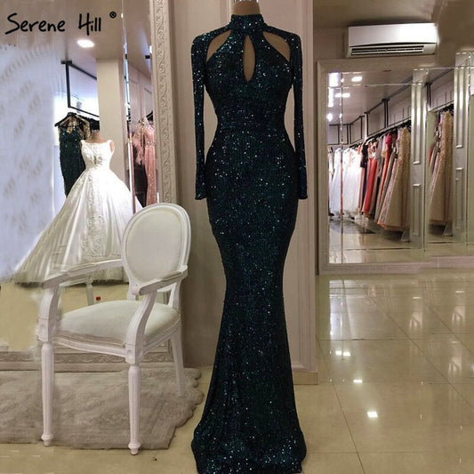 En oferta, sin devolución ni reembolso, nuevo diseñador, verde, cuello alto, sexy, vestidos de noche 2025, lentejuelas, mangas largas, moda de lujo para mujer, fiesta LA6314
