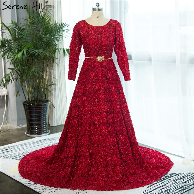 En oferta, sin devolución ni reembolso. Nuevo estilo: vestido de noche de tul rojo vino con cuello redondo, manga larga, flores pequeñas, moda 2025, vestido de fiesta HA2140.