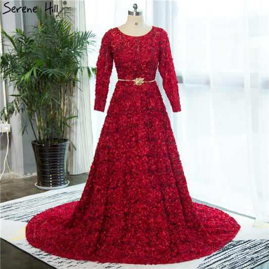 En oferta, sin devolución ni reembolso. Nuevo estilo: vestido de noche de tul rojo vino con cuello redondo, manga larga, flores pequeñas, moda 2025, vestido de fiesta HA2140.