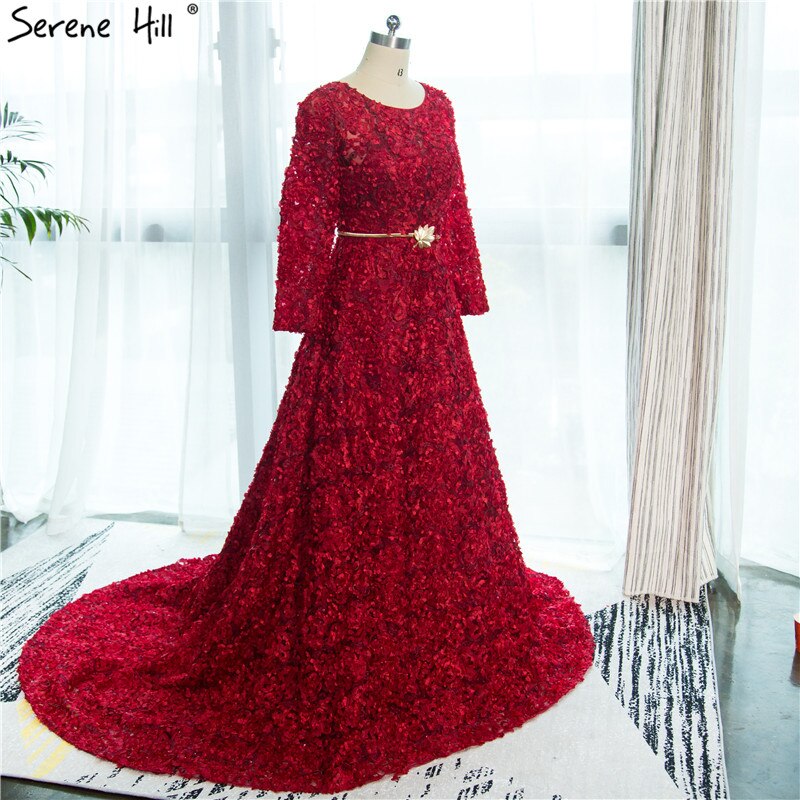 En oferta, sin devolución ni reembolso. Nuevo estilo: vestido de noche de tul rojo vino con cuello redondo, manga larga, flores pequeñas, moda 2025, vestido de fiesta HA2140.