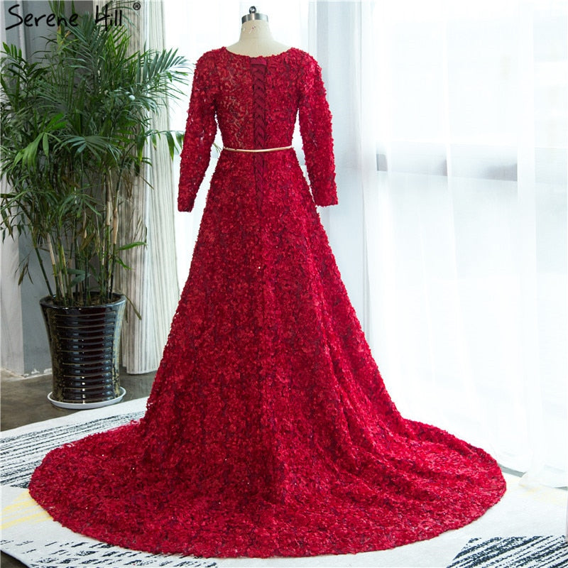 En oferta, sin devolución ni reembolso. Nuevo estilo: vestido de noche de tul rojo vino con cuello redondo, manga larga, flores pequeñas, moda 2025, vestido de fiesta HA2140.