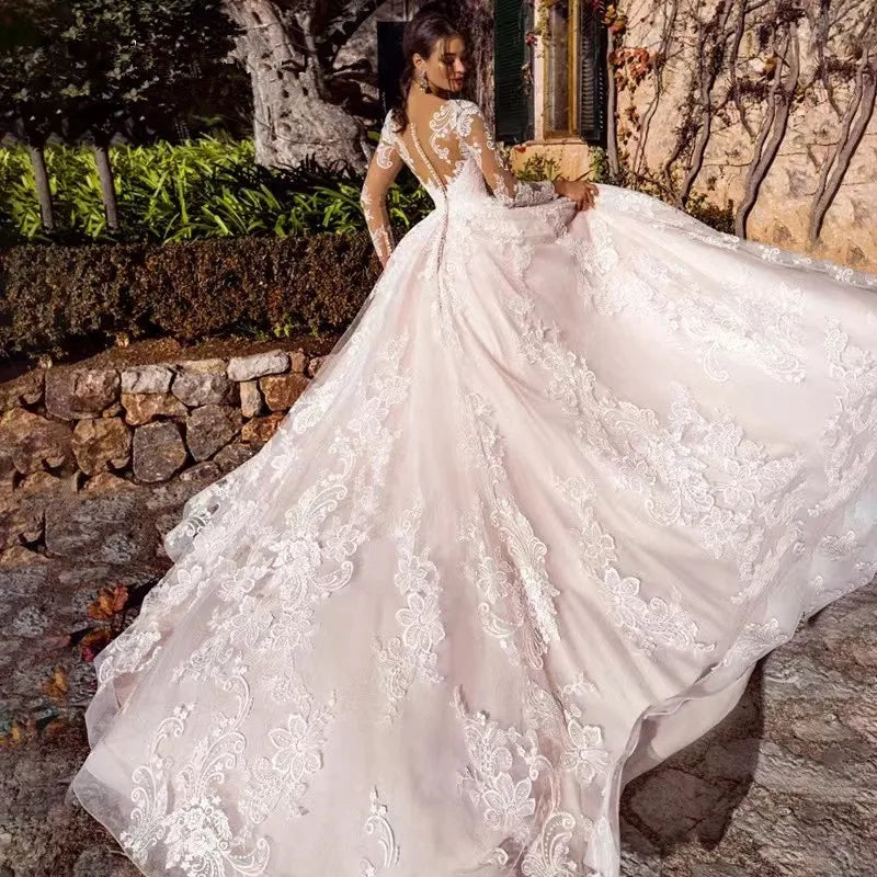 Newest Ball Gown Wedding Dress Elegant Long Sleeve Robe De Mariee Illusion Back Trouwjurk O-Neck Gorgeous vestidos de novia-payinti
