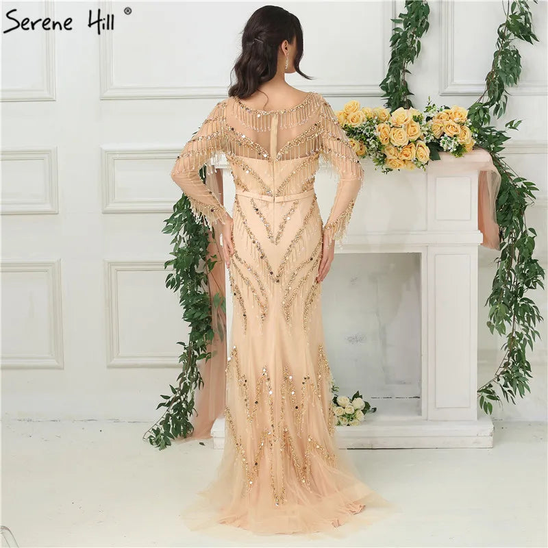 Vestidos de noche dorados con escote en V, diseño de sirena, mangas largas, borlas y cuentas, LA6631