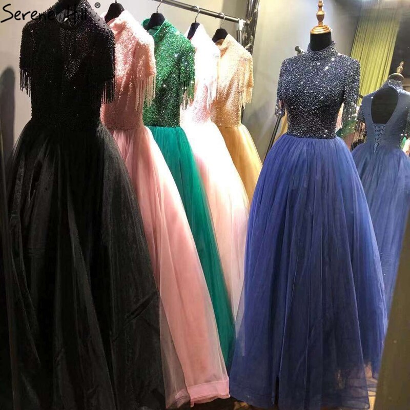 Sale Nude Crystall A-Line High Neck Tulle Evening Dresses 2025 Beading Tassel Formal Dress Design LA70490