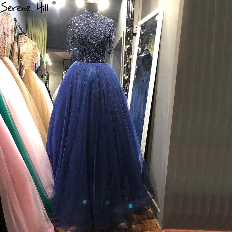 Sale Nude Crystall A-Line High Neck Tulle Evening Dresses 2025 Beading Tassel Formal Dress Design LA70490