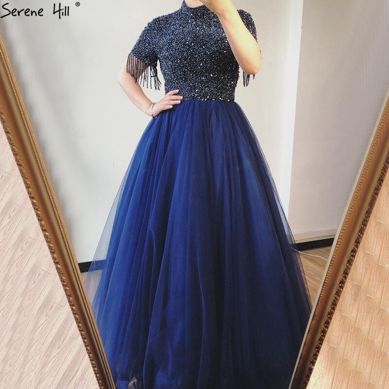 Sale Nude Crystall A-Line High Neck Tulle Evening Dresses 2025 Beading Tassel Formal Dress Design LA70490