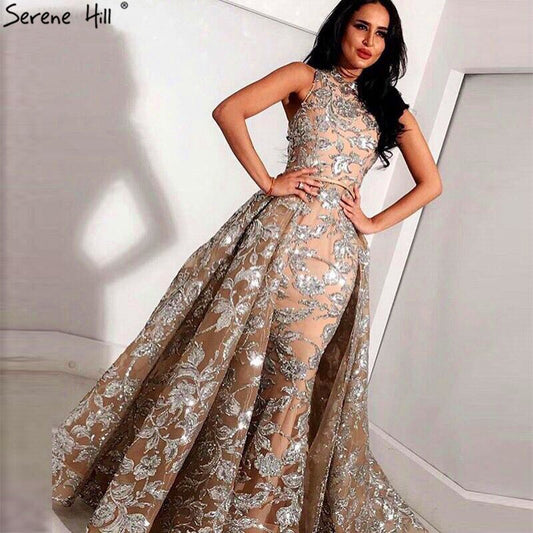 Vestido de noche vintage con lentejuelas plateadas y brillo, estilo halter, de lujo, sexy, sin mangas, 2025 LA60877