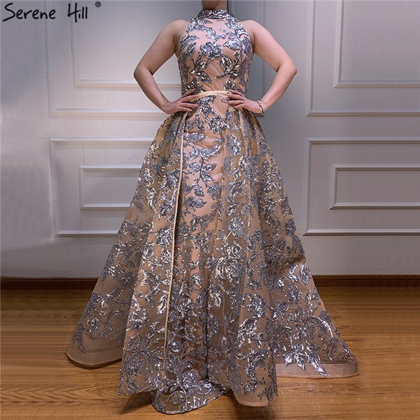 Vestido de noche vintage con lentejuelas plateadas y brillo, estilo halter, de lujo, sexy, sin mangas, 2025 LA60877