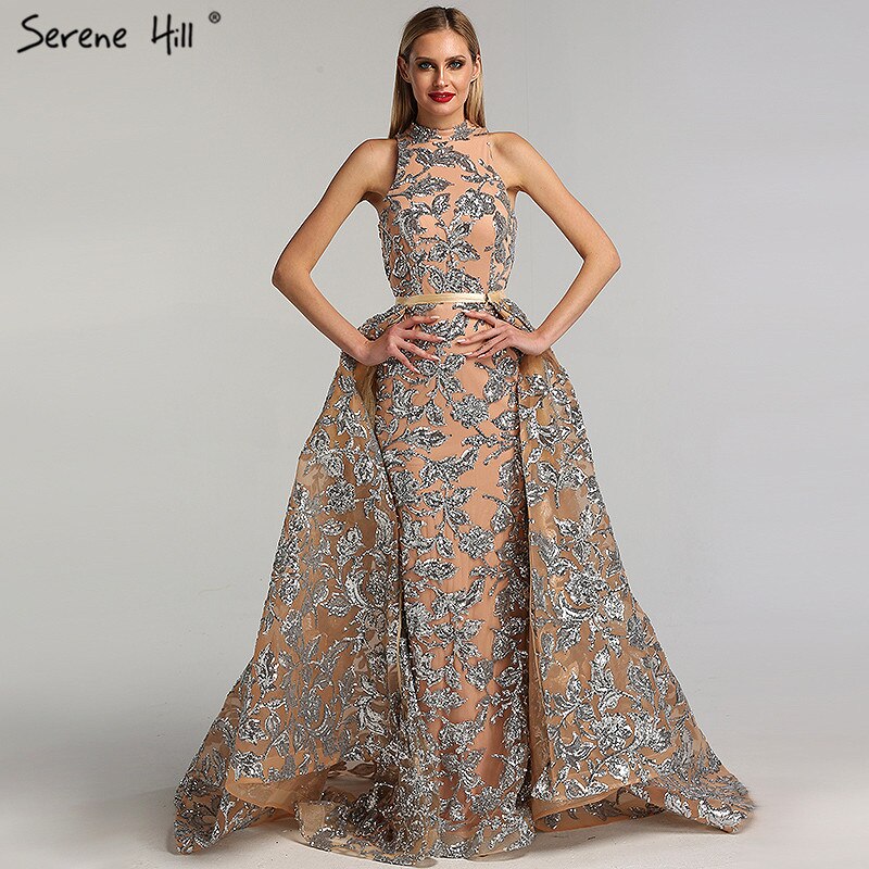 Vestido de noche vintage con lentejuelas plateadas y brillo, estilo halter, de lujo, sexy, sin mangas, 2025 LA60877