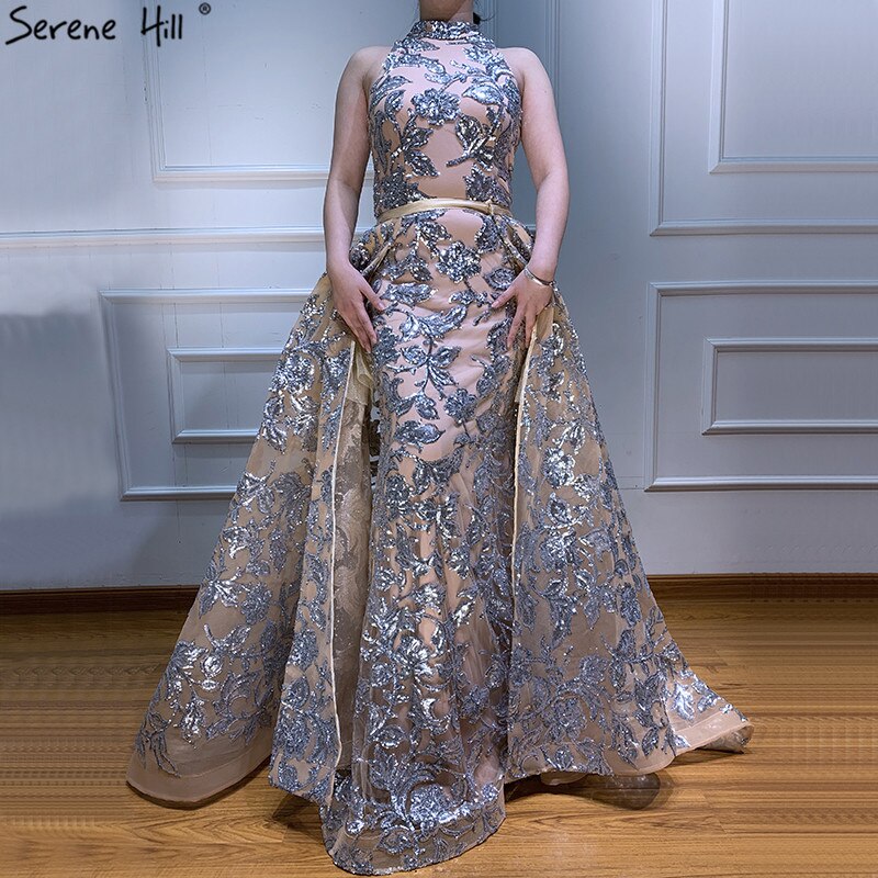 Vestido de noche vintage con lentejuelas plateadas y brillo, estilo halter, de lujo, sexy, sin mangas, 2025 LA60877