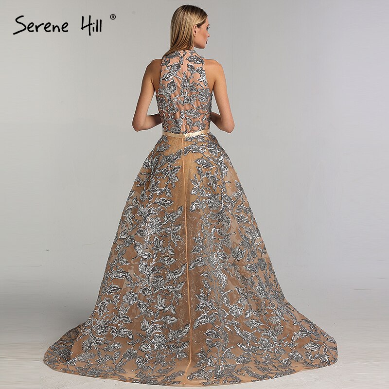 Vestido de noche vintage con lentejuelas plateadas y brillo, estilo halter, de lujo, sexy, sin mangas, 2025 LA60877