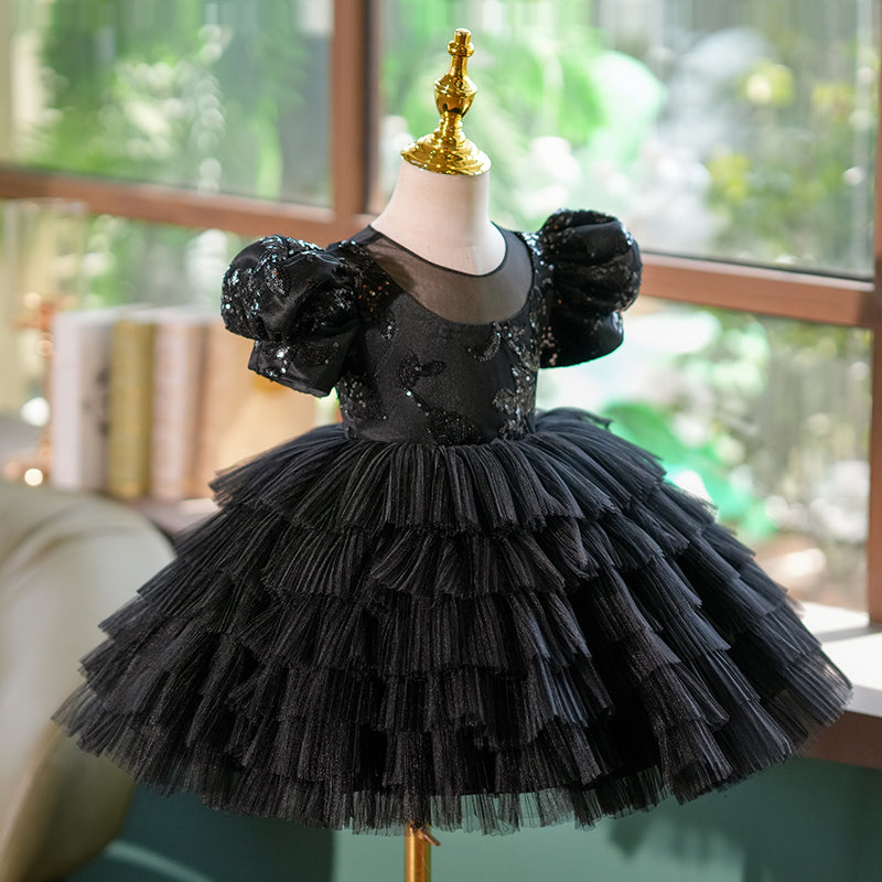Vestido de lentejuelas negras para fiesta de primer cumpleaños de niña pequeña