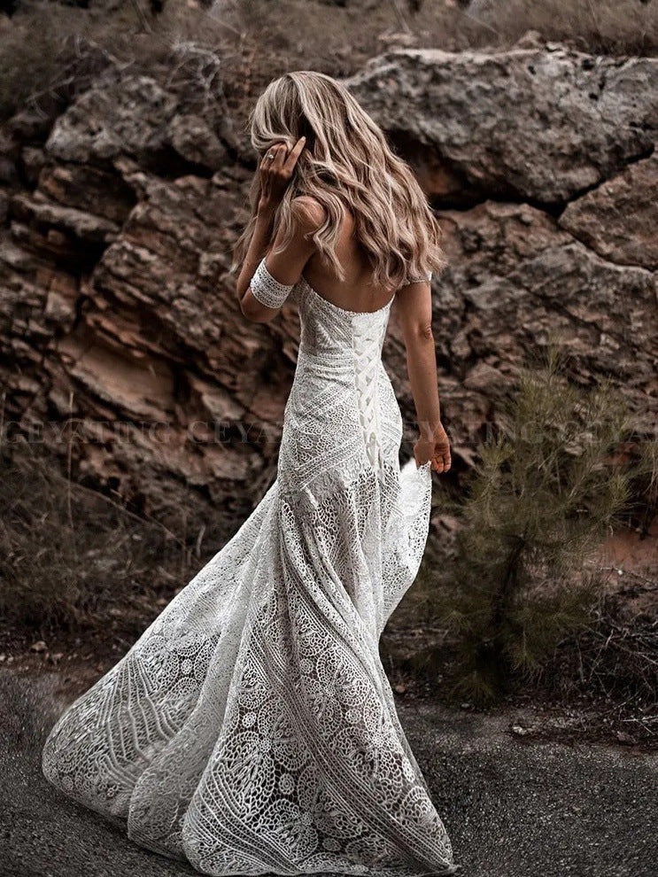 Vestido de novia vintage de sirena con encaje y sin tirantes, vestido formal de noche para graduación