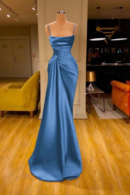 Vestido de fiesta largo de sirena plisado con tirantes finos color burdeos 6868