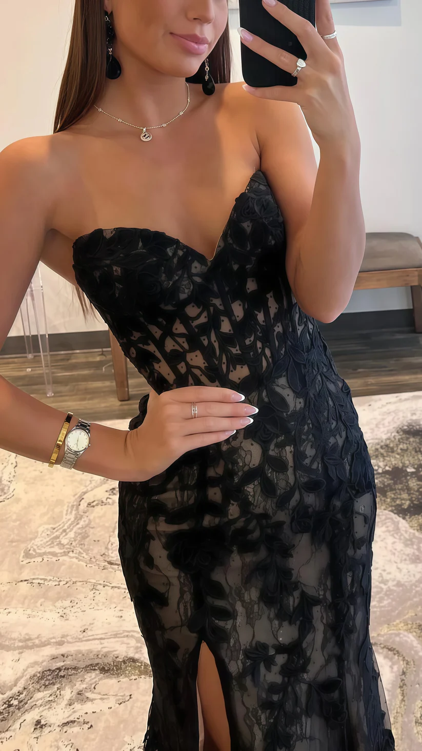 Vestido de noche negro sexy sin tirantes, escote corazón, encaje, corte sirena, vestido de fiesta Y8017