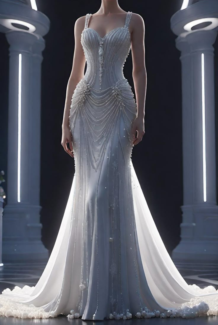 Pretty White Chiffon Beaded Pearls Mermaid Evening Dress Wedding Dress,Long Prom Dress Y8318