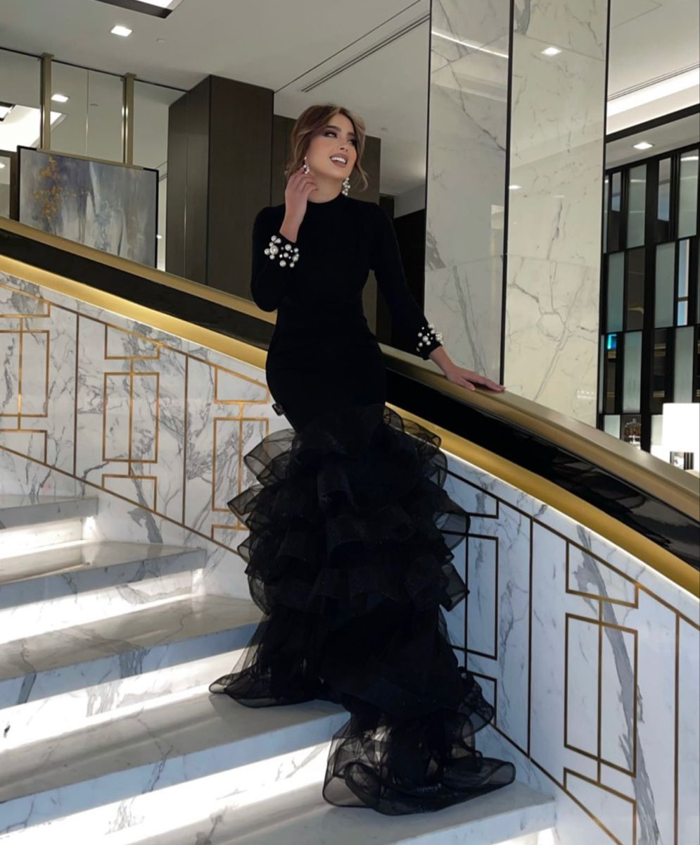 Vestido de noche negro con falda abullonada, manga larga, satén, corte sirena, estilo Dubái, para fiesta formal de noche, Y4908